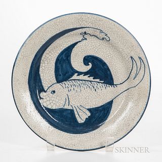 Dedham Pottery Fish and Wave Plate, Dedham, Massachusetts, early to mid-20th century, with blue stamp and impressed rabbit, dia. 8 1/2