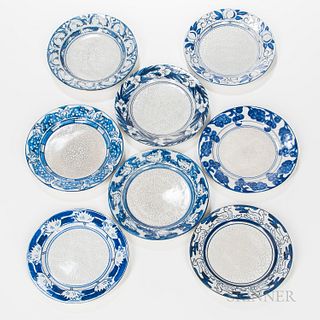 Eight Dedham Pottery Plates, Dedham, Massachusetts, early to mid-20th century, including "Duck," "Grape," "Horse Chestnut," "Pond Lily,