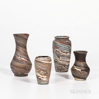Four Niloak "Mission Swirl" Art Pottery Vases, Benton, Arkansas, early 20th century, three with impressed maker's mark, tallest with Ni