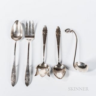 Five Arts and Crafts Sterling Silver Serving Pieces, spoon and fork salad set, Cellini Shop, Evanston, Illinois, handle with layered fl
