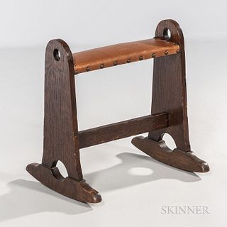 Lakeside Crafters Rocking Footstool, Sheboygan, Wisconsin, c. 1912, oak and replaced leather, maker's decal, ht. 16 3/4, wd. 15 3/4, dp