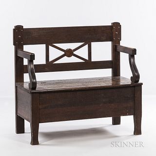 Miller Cabinet Company Hall Seat, Rochester, New York, oak, lift seat compartment, maker's paper label, ht. 38, wd. 41, dp. 20 in.