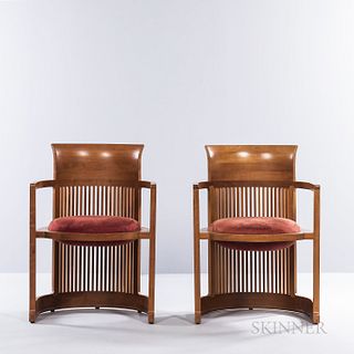 Two Frank Lloyd Wright by Copeland Taliesin Barrel Chairs, United States, 2006-07, cherry and upholstery, with maker's stamp, ht. 33, w