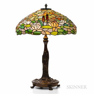 Wilkinson Waterlily Leaded Glass and Bronze Table Lamp, Brooklyn, New York, early 20th century, leaded glass shade decorated with water