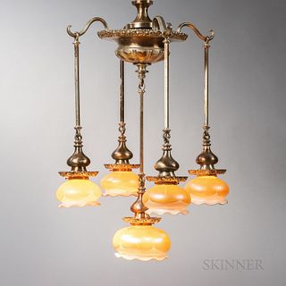 Art Nouveau Silvered Chandelier with Quezal Shades, United States, early 20th century, urn-form center with five hanging elements endin