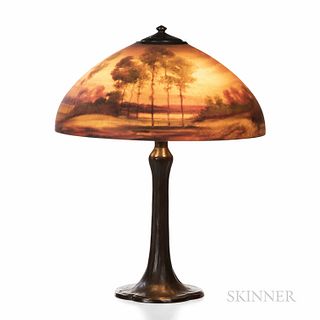 Handel Reverse-painted Shade Table Lamp, Meriden, Connecticut, c. 1920, shade decorated with a waterscape, stamped mark on rim "Handel