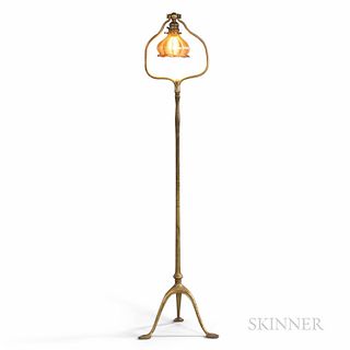 Tiffany Studios Harp Floor Lamp with Gold Iridescent Glass Shade, New York, early 20th century, bronze base with dore finish, base stam