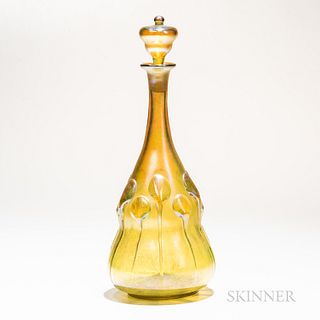 Tiffany Studios Lily Pad Decanter with Stopper, New York, early 20th century, gold favrile glass, double gourd body is embellished with