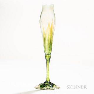 Tiffany Studios Favrile Glass Calyx Vase, New York, c. 1900, floral form set on inverted saucer base, marked "993," Tiffany paper label