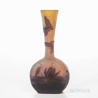 Gallé French Cameo Glass Vase, France, c. 1900, decorated with lily pads and the neck with butterflies, marked with "Gallé" on the side