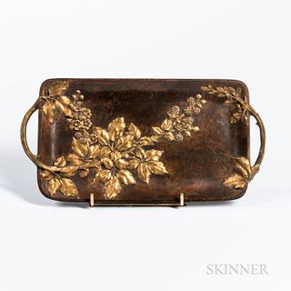 Bronze Tray After August Ferlet, likely France, early 20th century, with berry, leaf, and vine in relief, marked "A. Ferlet," ht. 3/4,