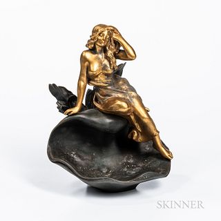 Art Nouveau Sculpture After Julian Causse (French, 1869-1914), likely France, late 19th century, spelter, gilded nymph on a dark green