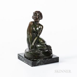 Bronze Figure of a Seated Young Woman After Eugène-René Arsal (French, 1884-1972), France, early 20th century, patinated bronze on ston
