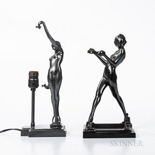 Art Deco Figural Table Lamp and Frank Art Sculpture, New York, c. 1930, nude female figure positioned to hold circular shade, unmarked,
