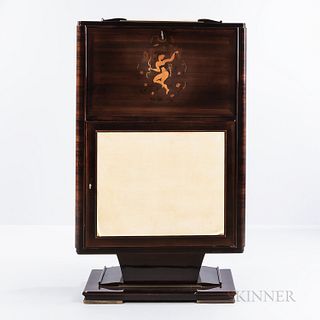 Art Deco Inlaid Rosewood Liquor Cabinet, France, c. 1930, lockable top compartment inlaid with woods and brass depicting a female arche
