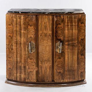 Art Deco Burl Maple Cabinet, likely France, c. 1930, green marble top over two locking shelved compartments, unmarked, ht. 41 3/4, wd.