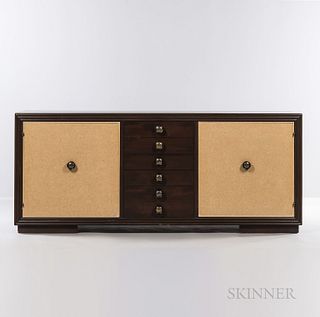 Paul Frankl for Johnson Furniture Company Server, United States, c. 1945, mahogany, lacquered cork and brass, six drawers center flanke