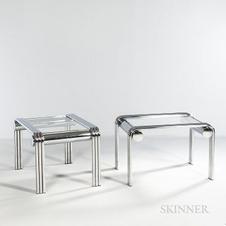 Two Tubular Chrome and Glass Side Tables, United States, c. 1970, unmarked, ht. 19 1/2, wd. 29 1/2, dp. 22 1/2 in.