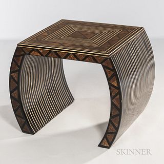 Hand-painted Art Deco Inlaid Table, possibly France, c. 1930, unmarked, ht. 21, wd. 20, dp. 21 1/2 in.