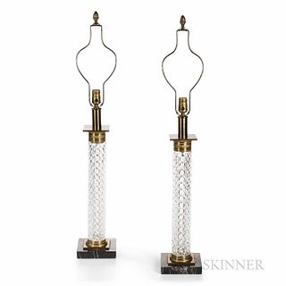 Pair of Hollywood Regency Cut Glass Table Lamps, probably Paul Hanson Co., United States, c. 1950, glass columns with brass capitals an