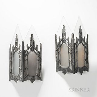 Pair of Art Deco Skyscraper Gothic Wall Sconces, probably United States, cast lead and copper, c. 1930, triangular form with frosted gl