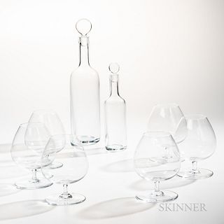 Two Baccarat Dionysos Crystal Decanters and Six Brandy Sifters, France, late 20th century, all stamped, with original boxes, ht. 9 3/4,