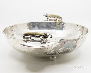 Wolmar "Tito" Castillo Chameleon-handled Bowl, Taxco, Mexico, c. 1960, silver on handwrought copper, two handles decorated with modeled