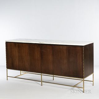 Paul McCobb for Calvin Irwin Collection Sideboard, Grand Rapids, Michigan, c. 1960, walnut, marble and brass, tri-fold doors cover four