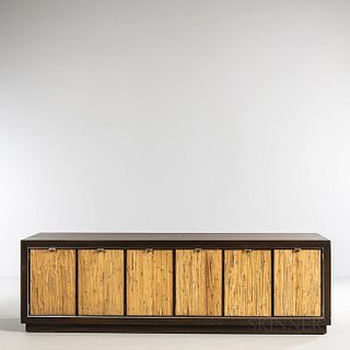 Drexel Viewpoint 70 Sideboard, North Carolina, c. 1965, mahogany and chromed metal, six doors with inset grass paper panels, ht. 22, wd