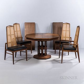 Foster and McDavid Dining Table and Four Chairs, Tampa, Florida, c. 1960, walnut and rattan, one armchair, three side chairs, two leave