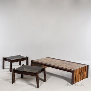 Percival Lafer (Brazilian, b. 1936) Coffee Table and Two End Tables, Brazil, c. 1965, rosewood and tinted glass, coffee table folds fla