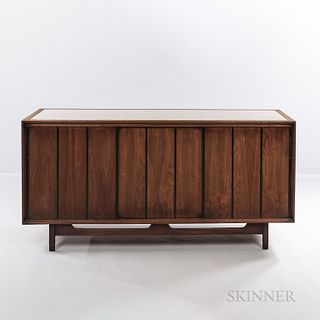 Midcentury American Credenza, United States, c. 1960, stone inset top, three compartments behind three sliding doors, left compartment