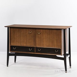 E. Gomme G-Plan Librenza Sideboard, England, c. 1960, tola wood, black lacquer, brass, with maker's mark, ht. 33 1/2, wd. 52 1/4, dp. 1