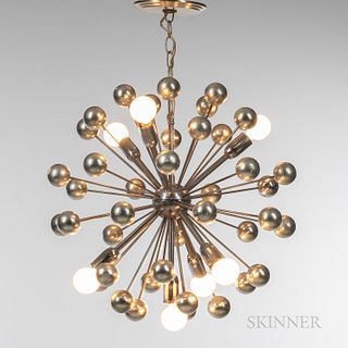 Mid-century Modern "Sputnik" Chandelier, probably United States, from a central sphere extend numerous metal rods ending in small plast