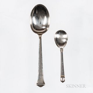 Georg Jensen Sterling Silver Spoon and a Tiffany Serving Spoon, Jensen, Denmark, late 20th century, oval maker's mark, sterling, Denmar