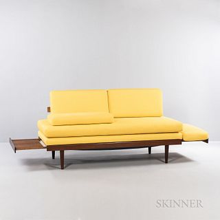 Tove (1906-1935) and Edvard (1901-1982) Kindt-Larsen for Gustav Bahus Daybed Sofa, Norway, c. 1960, teak and Sunbrella upholstery, with