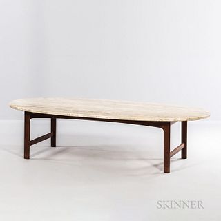 Folke Ohlsson (Swedish, 1919-2003) for Dux Travertine Coffee Table, Burlingame, California, c. 1960, walnut base, with maker's stamp, h