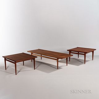 France & Son for John Stuart Coffee Table and Two End Tables, Denmark, c. 1960, teak, original finish, marked with maker's stamp and ro