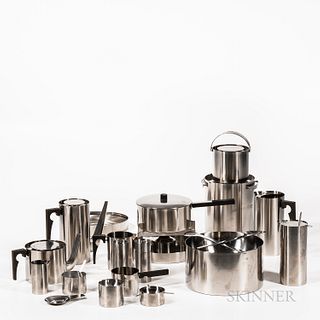 Arne Jacobsen (Danish, 1902-1971) for Stetlon Cylinda Tableware, Denmark, c. 1970, stainless steel and composite, twenty-seven pieces,