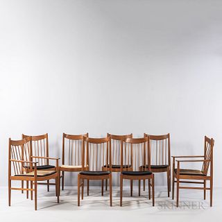 Eight Arne Vodder (Danish, 1926-2009) for Sibast Dining Chairs, Denmark, c. 1965, teak and cloth upholstery, two armchairs and six side