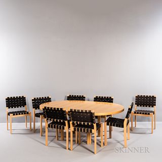 Alvar Aalto (Finnish, 1898-1976) for Artek Model H90 Dining Table and Eight Model 611/W Side Chairs, Finland, designed 1955, mid to lat