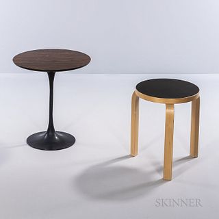 Alvar Aalto Stool and an Eero Saarinen Tulip Side Table, mid to late 20th century, stool with black laminate top, table with rosewood v