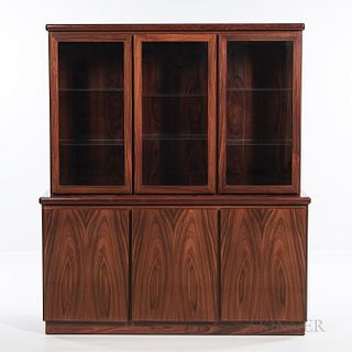 Rasmus Solberg Dining Table, Sideboard, and China Cabinet, Denmark, c. 1965, table with two self-storing leaves, with maker's labels, h