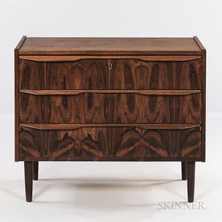 Danish Modern Three-drawer Chest. c. 1960, rosewood veneer, unmarked, ht. 30, wd. 31, dp. 16 in.