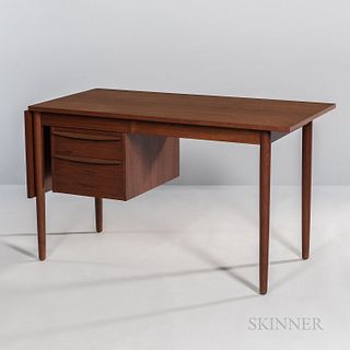Danish Modern Drop-side Desk, Denmark, c. 1960, teak, unmarked, side lifts and slides, adjustable position drawer bank, ht. 28 3/4, wd.