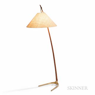 J.T. Kalmer Model 2076 Dornstab Floor Lamp, Denmark, c. 1950, wood and brass, original synthetic fiber shade, shade is adjustable in th