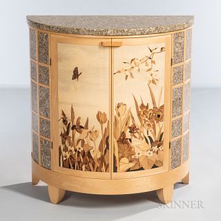 Silas Kopf Dawn Marquetry Cabinet, East Hampton, Massachusetts, 2010, maple, holly, and other woods, Brazilian granite, half circle cab
