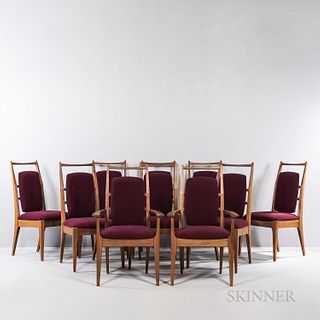 Ten Jonah Zuckerman for City Joinery Communal Dining Chairs, Brooklyn, New York, c. 1985, black walnut and upholstery, two armchairs, e