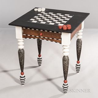 Kim Kelzer Studio Furniture Checkers Table, Freeland, Washington, 2000, milk-painted wood, checkerboard table top over two swing out dr