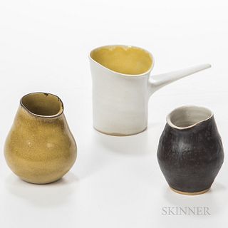 Three Pieces of Dame Lucie Rie (Austrian/British, 1902-1995) Studio Pottery, England, c. 1980, glazed stoneware, two handleless pourers